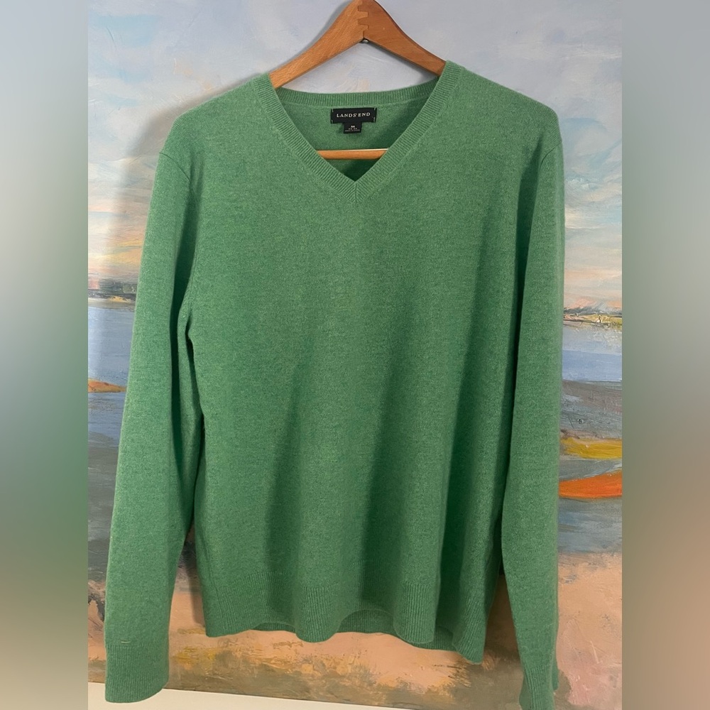 Lands' End Men's 100% Cashmere V-Neck Sweater in Light Green